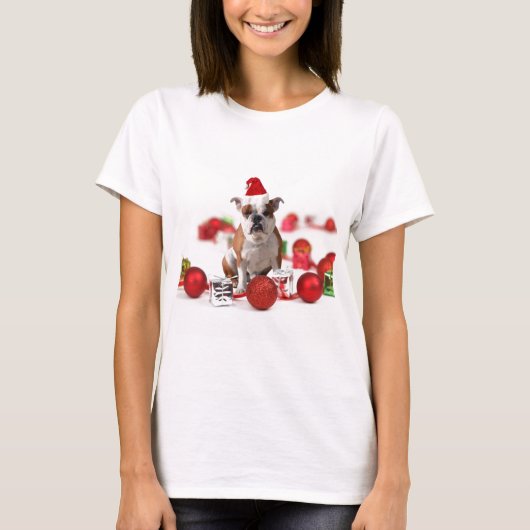 Bulldog kerstcadeau doos Ornamenten rode kerstmuts T-shirt (Voorkant)