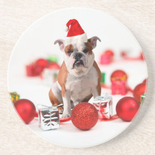 Bulldog kerstcadeau doos Ornamenten rode kerstmuts Zandsteen Onderzetter