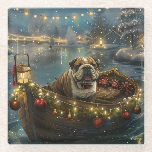 Bulldog Kerstfeest reis Glazen Onderzetter (Voorkant)