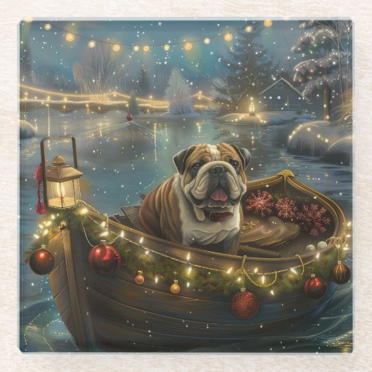 Bulldog Kerstfeest reis Glazen Onderzetter (Voorkant)
