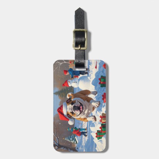 Bulldog Kerstfeest Sneeuwscène Bagagelabel (Voorkant verticaal)