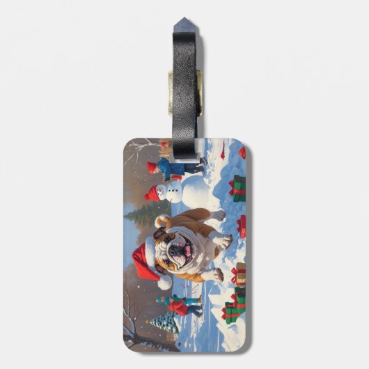 Bulldog Kerstfeest Sneeuwscène Bagagelabel (Achterkant verticaal)