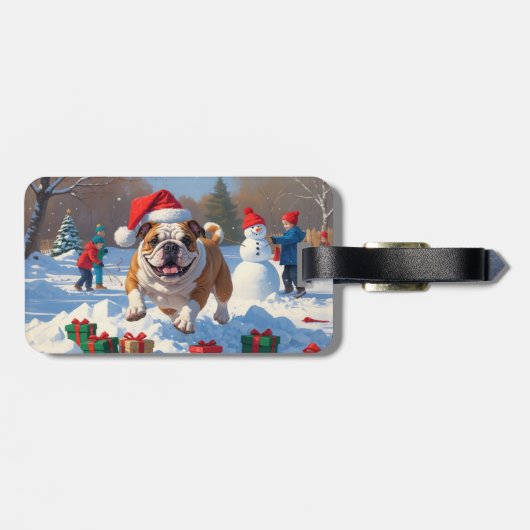 Bulldog Kerstfeest Sneeuwscène Bagagelabel (Achterkant horizontaal)