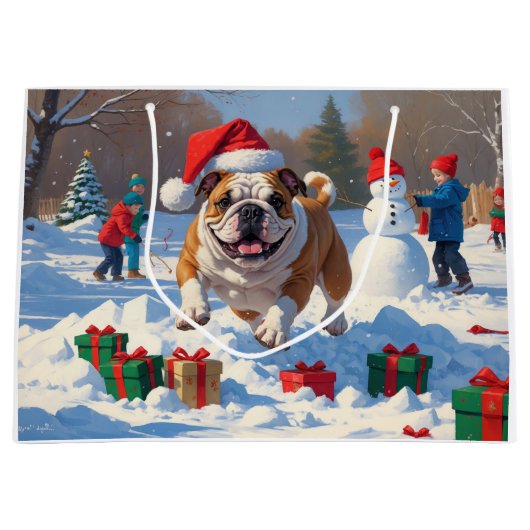 Bulldog Kerstfeest Sneeuwscène Groot Cadeauzakje (Voorkant)
