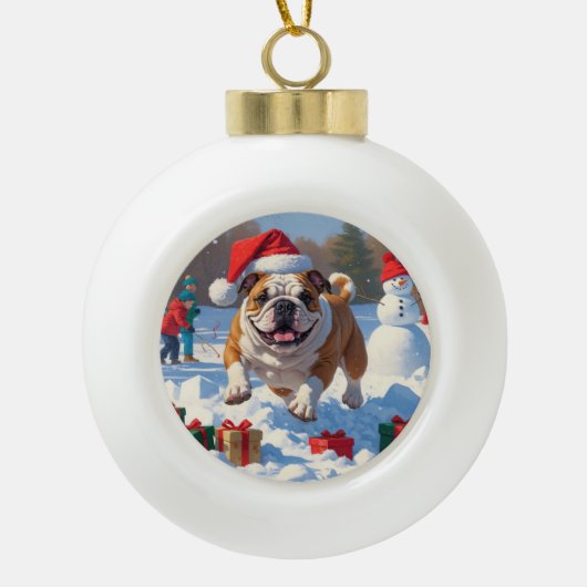 Bulldog Kerstfeest Sneeuwscène Keramische Bal Ornament (Voorkant)