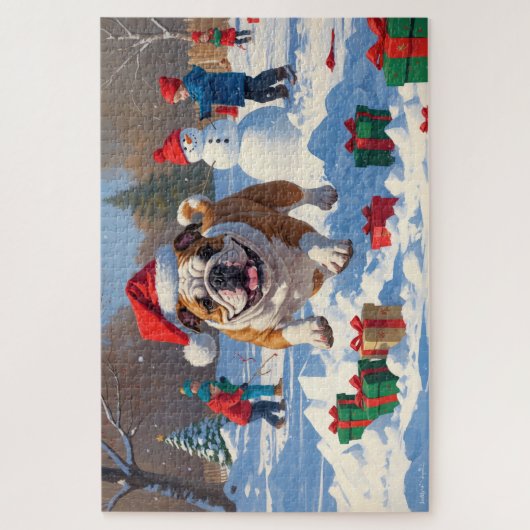 Bulldog Kerstfeest Sneeuwscène Legpuzzel (Verticaal)