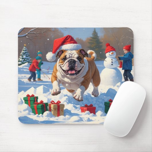 Bulldog Kerstfeest Sneeuwscène Muismat (Met muis)