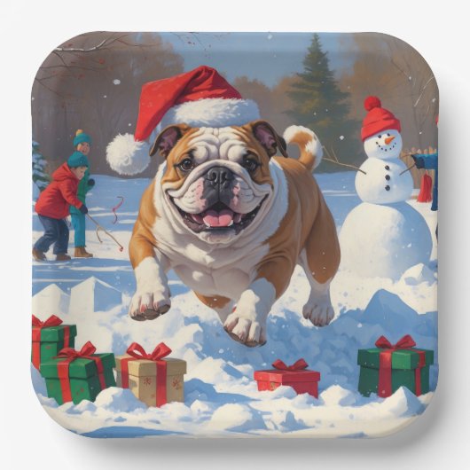 Bulldog Kerstfeest Sneeuwscène Papieren Bordje (Voorkant)