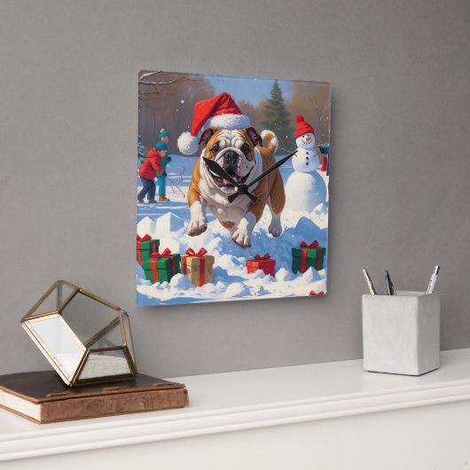 Bulldog Kerstfeest Sneeuwscène Vierkante Klok (Kantoor)