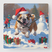 Bulldog Kerstfeest Sneeuwscène Vierkante Klok (Voorkant)