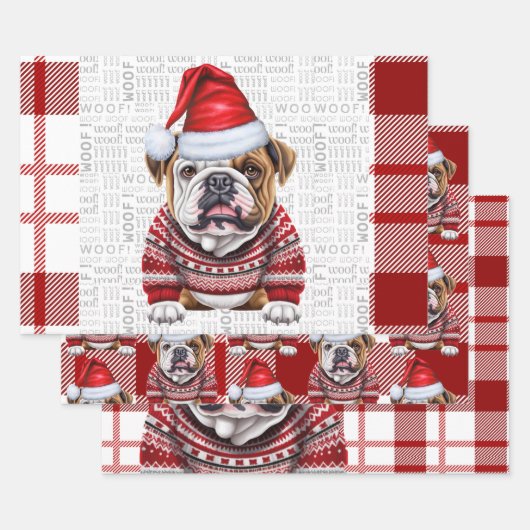 Bulldog Kersthond Rood Wit Plaid Inpakpapier Vel (Set)