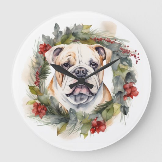 Bulldog Kerstkrans feestelijke pup Grote Klok (Voorkant)