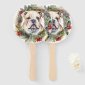 Bulldog Kerstkrans feestelijke pup Handwaaier (Voorkant en achterkant)