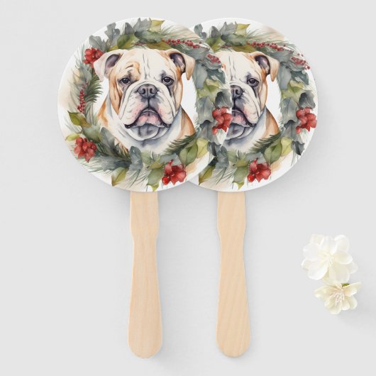 Bulldog Kerstkrans feestelijke pup Handwaaier (Voorkant en achterkant)