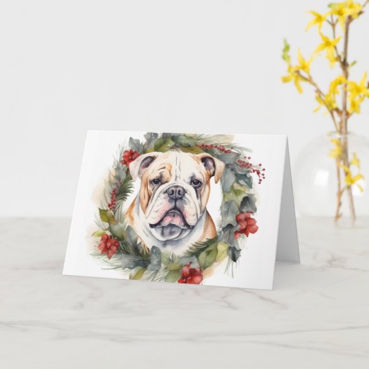 Bulldog Kerstkrans feestelijke pup Kaart (Gele Bloem)