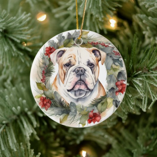 Bulldog Kerstkrans feestelijke pup Keramisch Ornament (Boom)