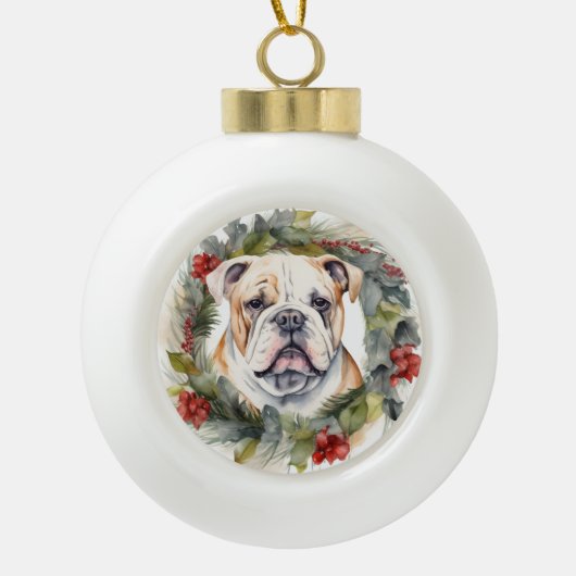 Bulldog Kerstkrans feestelijke pup Keramische Bal Ornament (Voorkant)