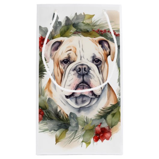 Bulldog Kerstkrans feestelijke pup Klein Cadeauzakje (Achterkant)