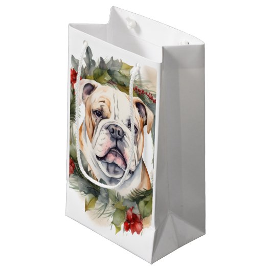 Bulldog Kerstkrans feestelijke pup Klein Cadeauzakje (Voorkant Gekanteld)