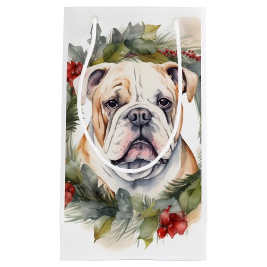 Bulldog Kerstkrans feestelijke pup Klein Cadeauzakje (Voorkant)