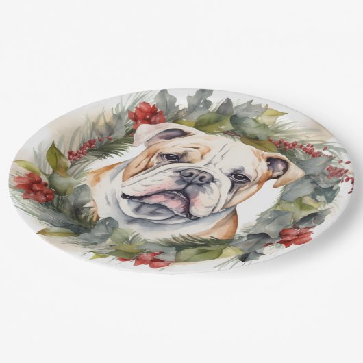 Bulldog Kerstkrans feestelijke pup Papieren Bordje (Gekanteld)