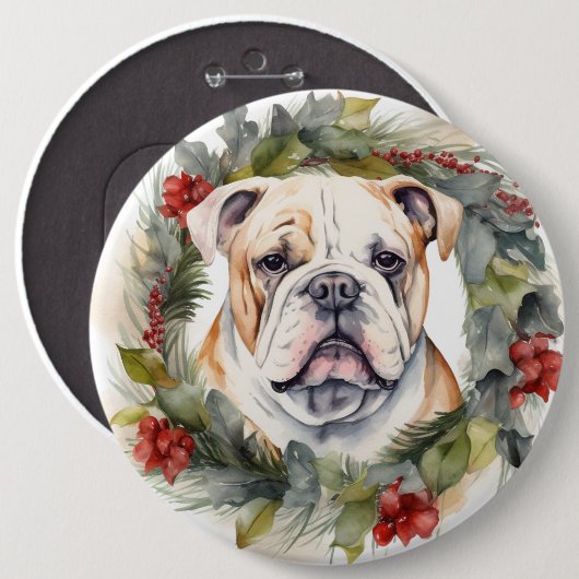 Bulldog Kerstkrans feestelijke pup Ronde Button 6,0 Cm (Voorkant /achterkant)