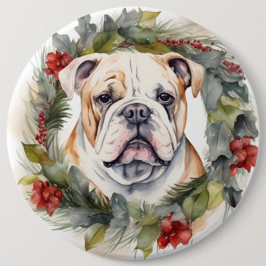 Bulldog Kerstkrans feestelijke pup Ronde Button 6,0 Cm (Voorkant)
