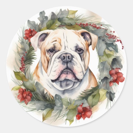 Bulldog Kerstkrans feestelijke pup Ronde Sticker (Voorkant)