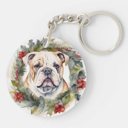 Bulldog Kerstkrans feestelijke pup Sleutelhanger (Achterkant)