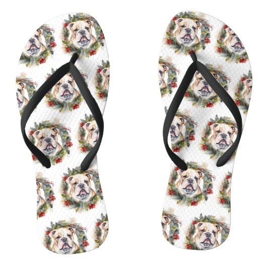 Bulldog Kerstkrans feestelijke pup Teenslippers (Voetbed)