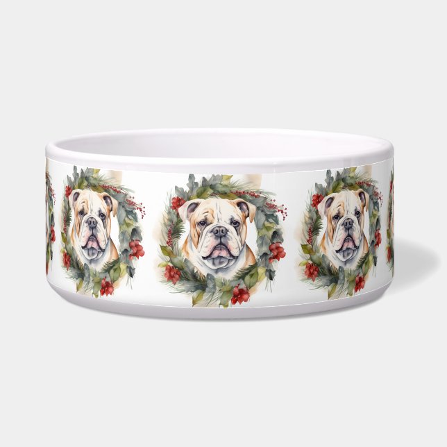 Bulldog Kerstkrans Feestelijke Pup Voerbakje (Voorkant)