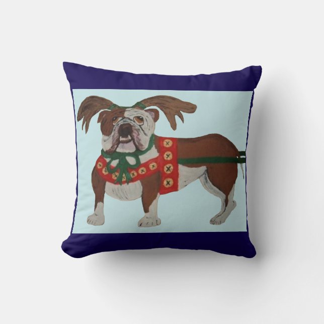 Bulldog Kerstman Rendier Kussen (Voorkant)