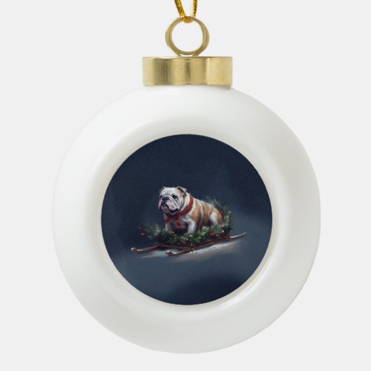 Bulldog Kerstmis sneeuw winter Keramische Bal Ornament (Voorkant)