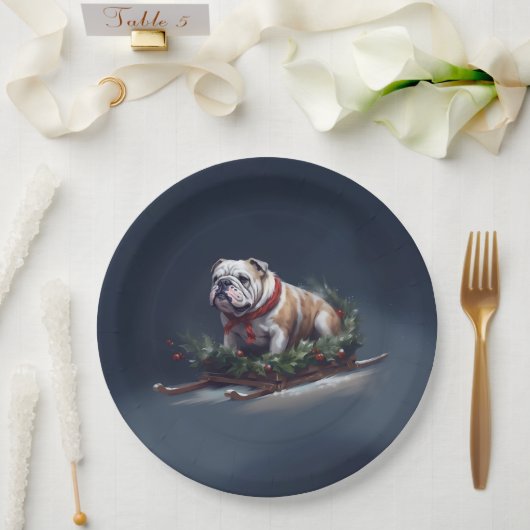 Bulldog Kerstmis sneeuw winter Papieren Bordje (Huwelijk)