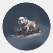 Bulldog Kerstmis sneeuw winter Ronde Sticker (Voorkant)
