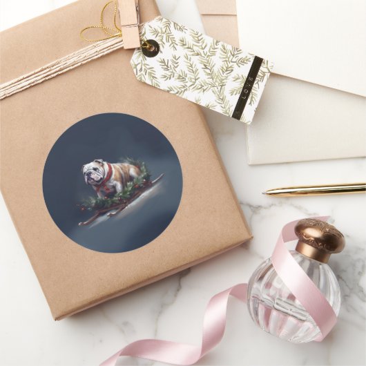 Bulldog Kerstmis sneeuw winter Ronde Sticker (Geschenken)