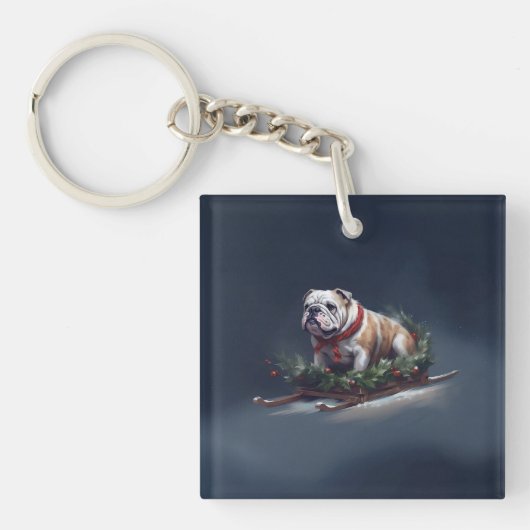Bulldog Kerstmis sneeuw winter Sleutelhanger (Voorkant)