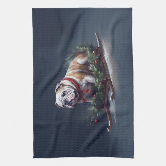 Bulldog Kerstmis sneeuw winter Theedoek (Verticaal)