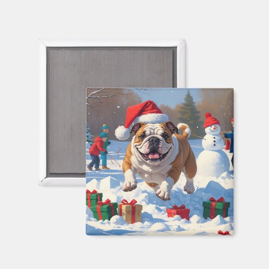 Bulldog Kerstmis Sneeuwlandschap Magneet (Voorkant / Achterkant)