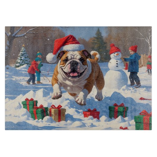 Bulldog Kerstmis Sneeuwlandschap Snijplank (Voorkant)