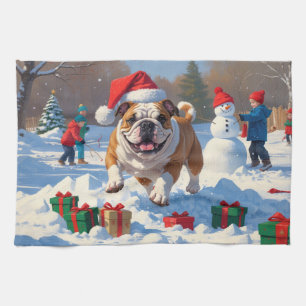Bulldog Kerstmis Sneeuwlandschap Theedoek