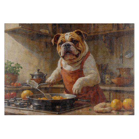 Bulldog Kookt in Keuken Snijplank (Voorkant)
