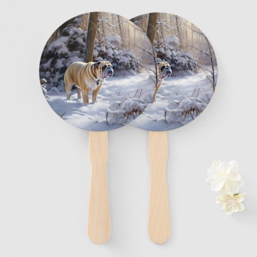 Bulldog Laat het sneeuwen Kerstmis geborsteld Handwaaier (Voorkant en achterkant)