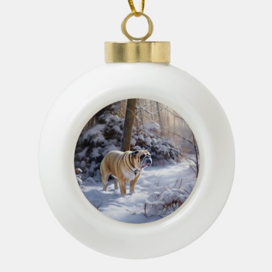 Bulldog Laat het sneeuwen Kerstmis geborsteld Keramische Bal Ornament (Voorkant)