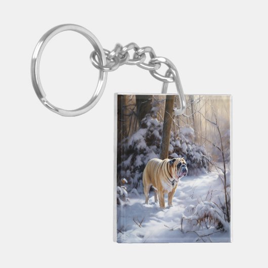 Bulldog Laat het sneeuwen Kerstmis geborsteld Sleutelhanger (Voorkant Links)