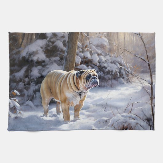 Bulldog Laat het sneeuwen Kerstmis geborsteld Theedoek (Horizontaal)