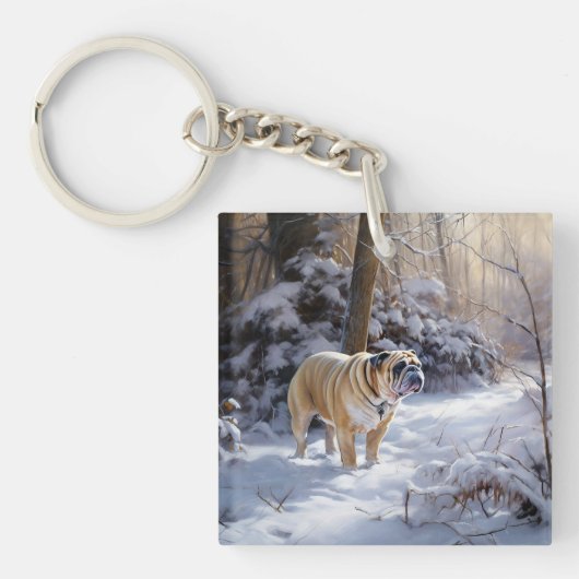 Bulldog Let It Snow Kerst Borsteltrui Sleutelhanger (Voorkant)