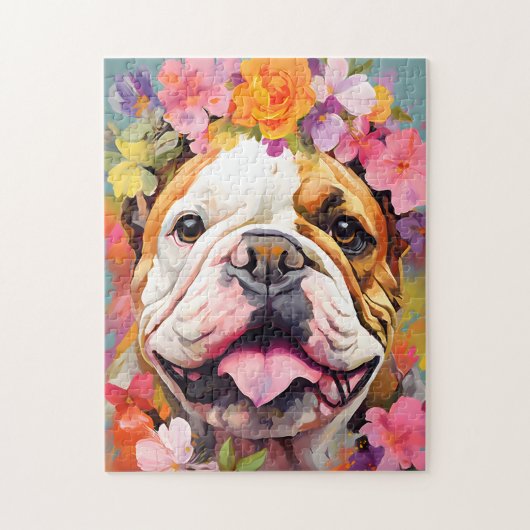Bulldog met bloemenkrans legpuzzel (Verticaal)
