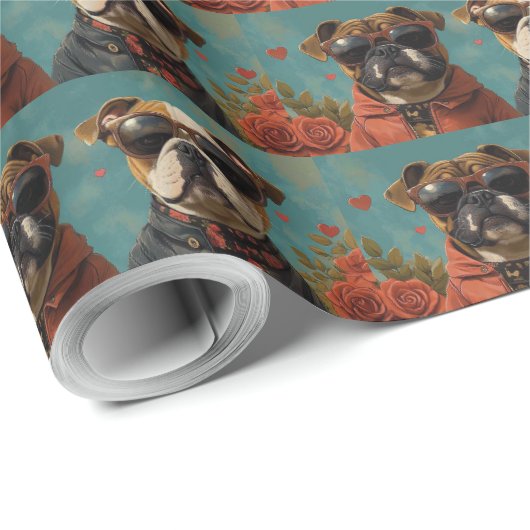 Bulldog met hart Rozen Valentijnsdag Cadeaupapier (Rol Hoek)
