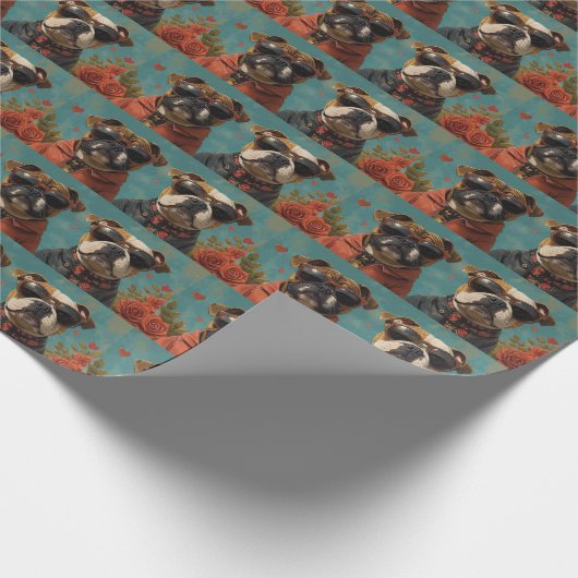 Bulldog met hart Rozen Valentijnsdag Cadeaupapier (Hoek)